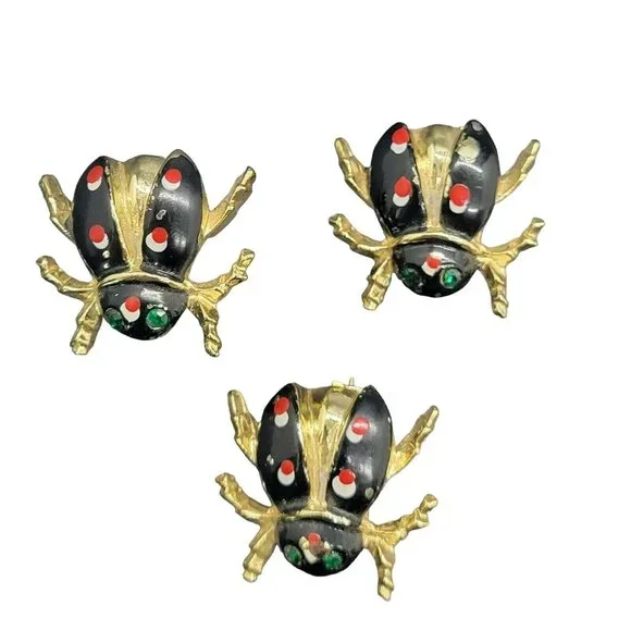 Vintage Glam Bug Beetle Mini Brooch Pins Enamel Rhinestone eyes - Picture 2 of 5